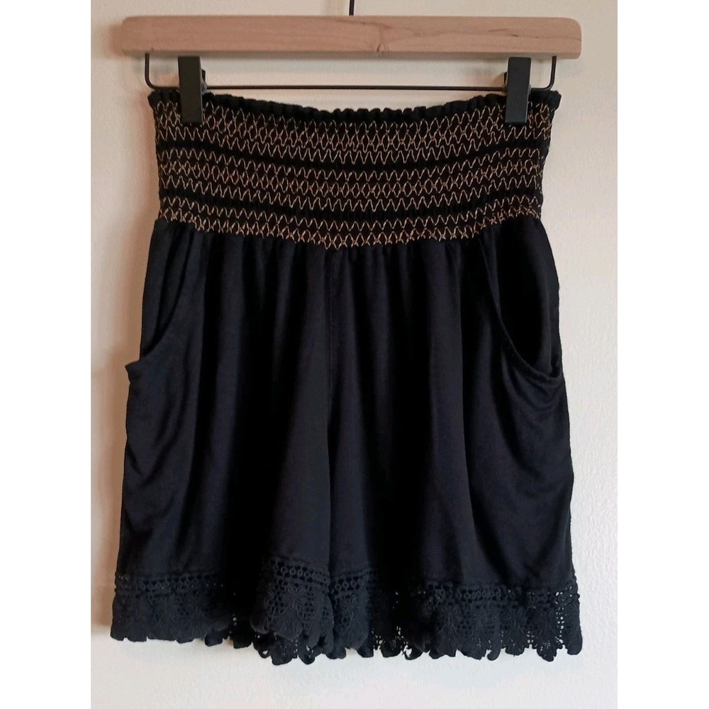 Earthbound Black Boho Smocked Waist Crochet Lace Trim Flowy Shorts S